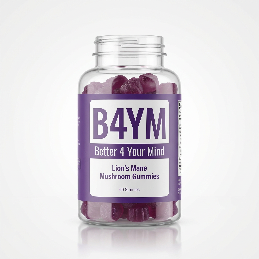 B4YM Lion Mane Gummy supplement bottle with purple branding